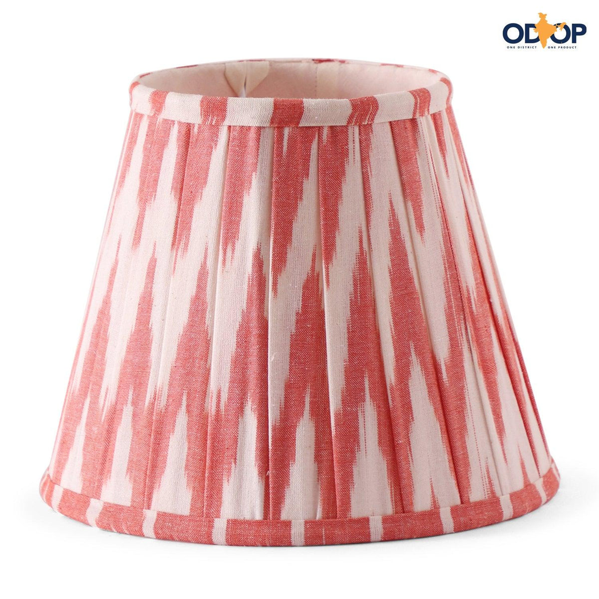 Coral and white handloom ikat cotton lamp shade with a pleated design for table lamps - Eyaas