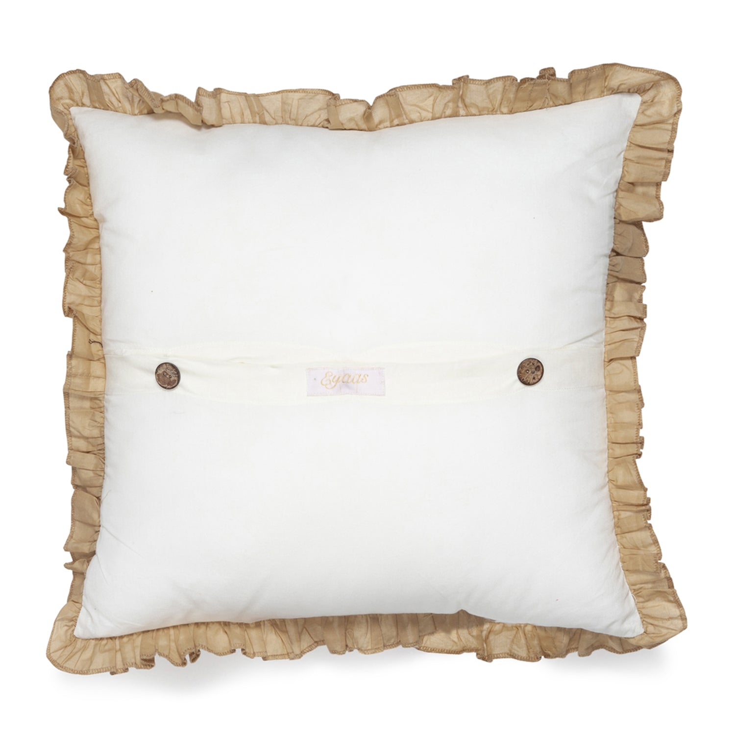 Back view of the cotton cushion cover with overlapping flap and coconut button closure