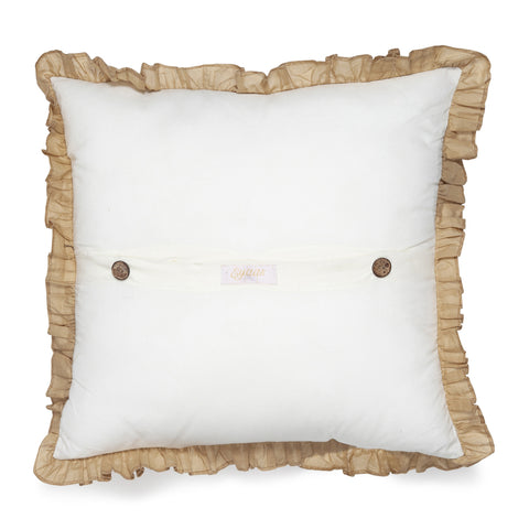 Back view of the cotton cushion cover with overlapping flap and coconut button closure