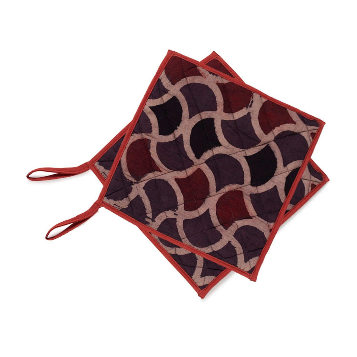 Fish Scale Ajrakh hand block printed cotton pot holders in brown and madder red with quilted padding and hanging loops, set of 2.