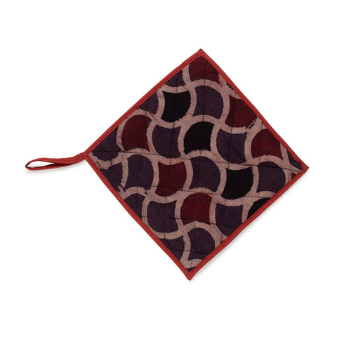 Single Ajrakh hand block-printed cotton pot holders featuring a fish scale pattern in brown and madder red.