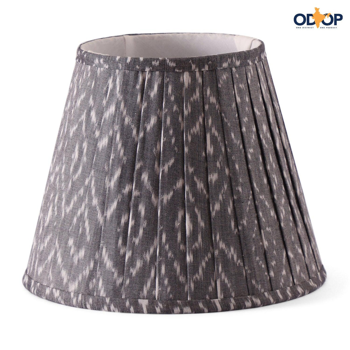 Grey and white handloom ikat-pleated cotton lampshade for table lamps and home décor.