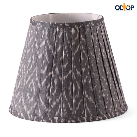 Grey and white handloom ikat-pleated cotton lampshade for table lamps and home décor.