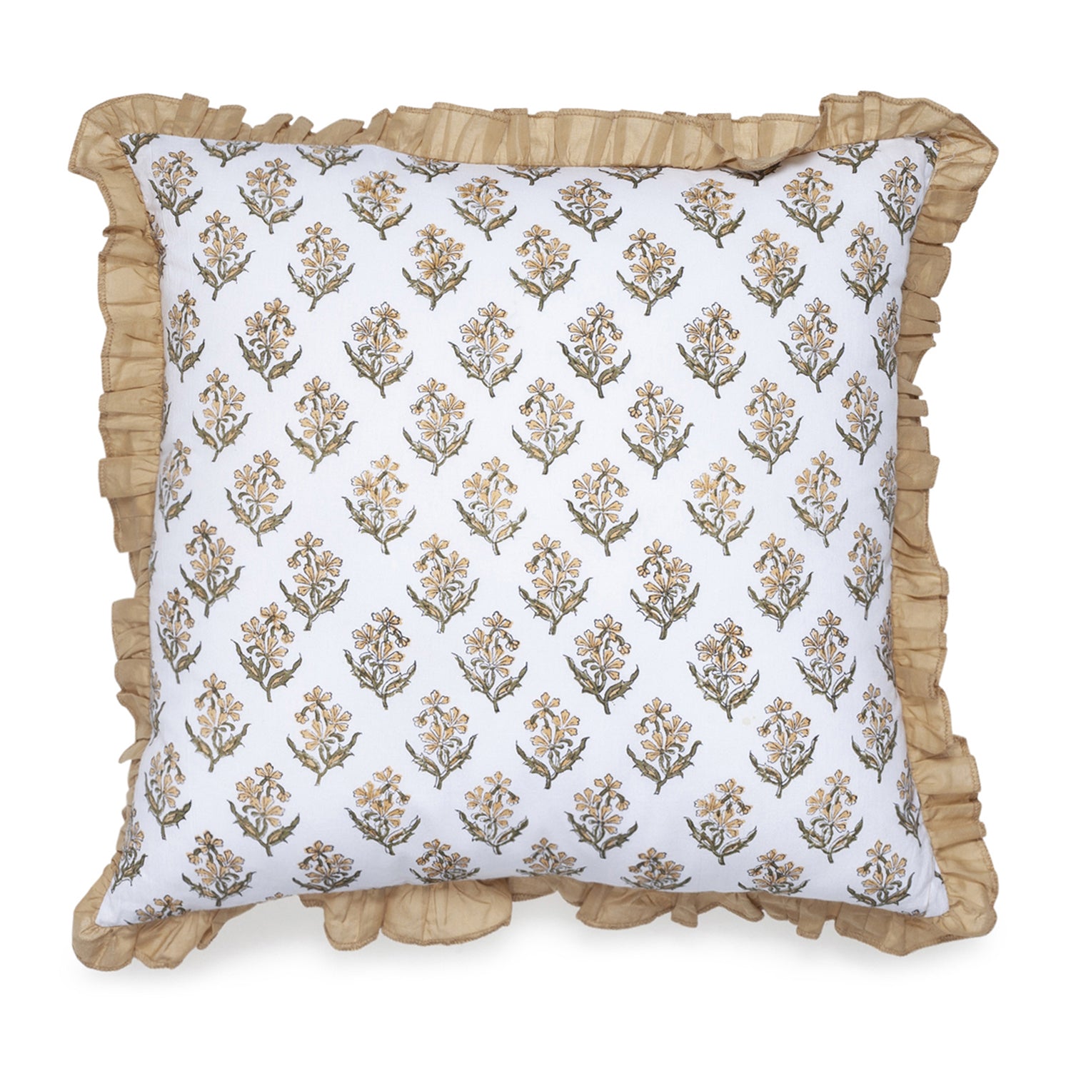 Hand block printed cotton cushion cover with floral booti design and frill border, 16 x 16 inches.