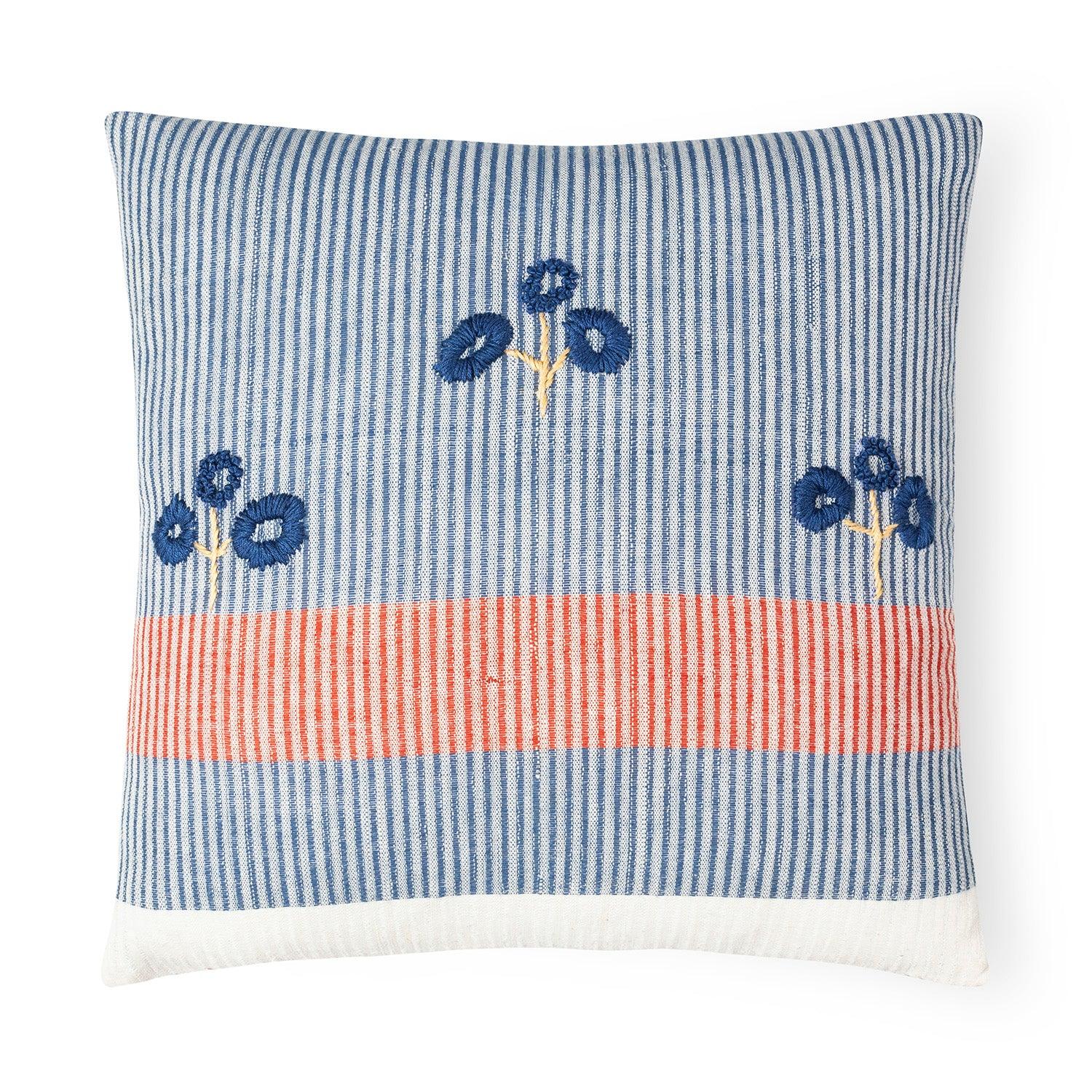 oven embroidered cotton cushion cover with blue and white stripes, 14 x 14 inches