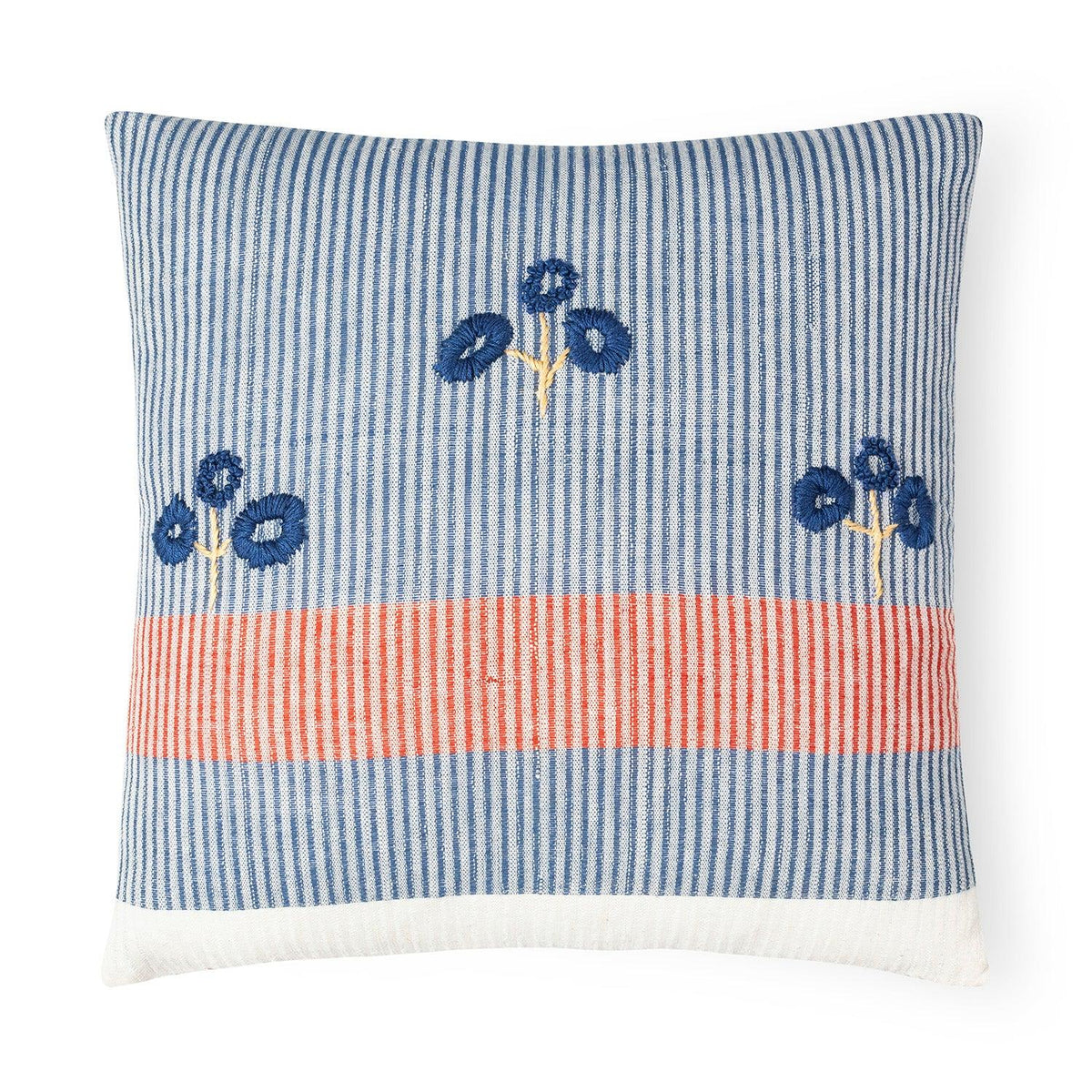 oven embroidered cotton cushion cover with blue and white stripes, 14 x 14 inches