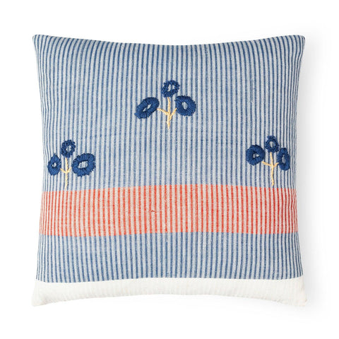 oven embroidered cotton cushion cover with blue and white stripes, 14 x 14 inches