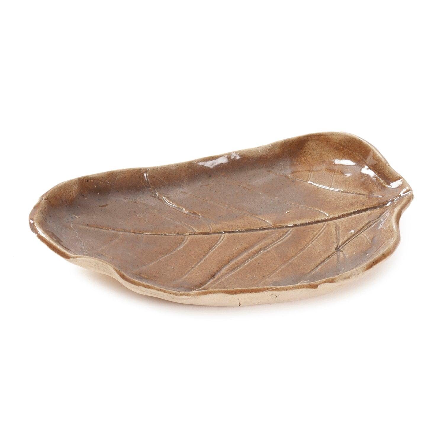 Eyaas handcrafted stoneware clay leaf platter in brown color for serving snacks