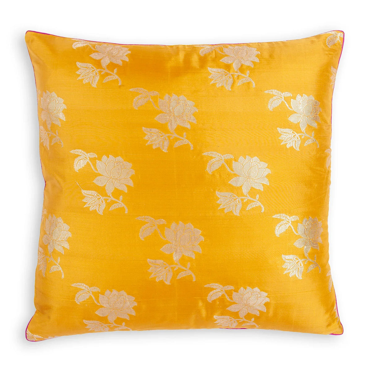 Yellow handloom Banarasi brocade cushion cover with floral woven pattern, 18 x 18 inches