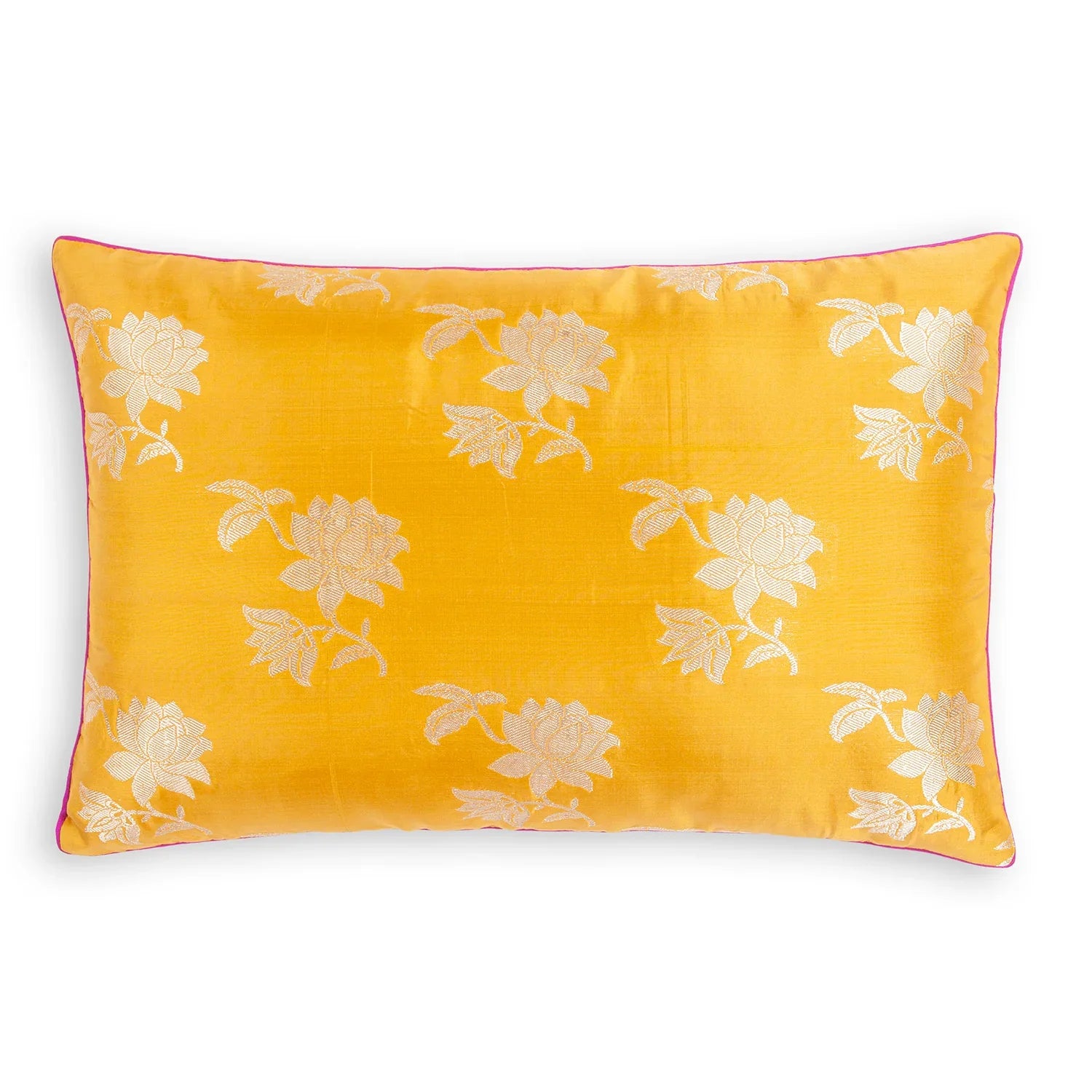 Yellow handwoven Banarasi brocade silk cushion cover with floral bael pattern, 12 x 18 inches
