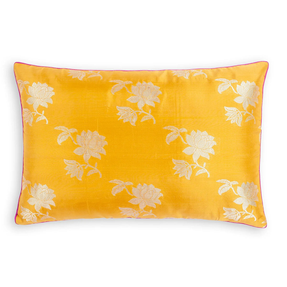 Yellow handwoven Banarasi brocade silk cushion cover with floral bael pattern, 12 x 18 inches