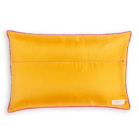 Back view of the yellow Banarasi brocade cushion cover.